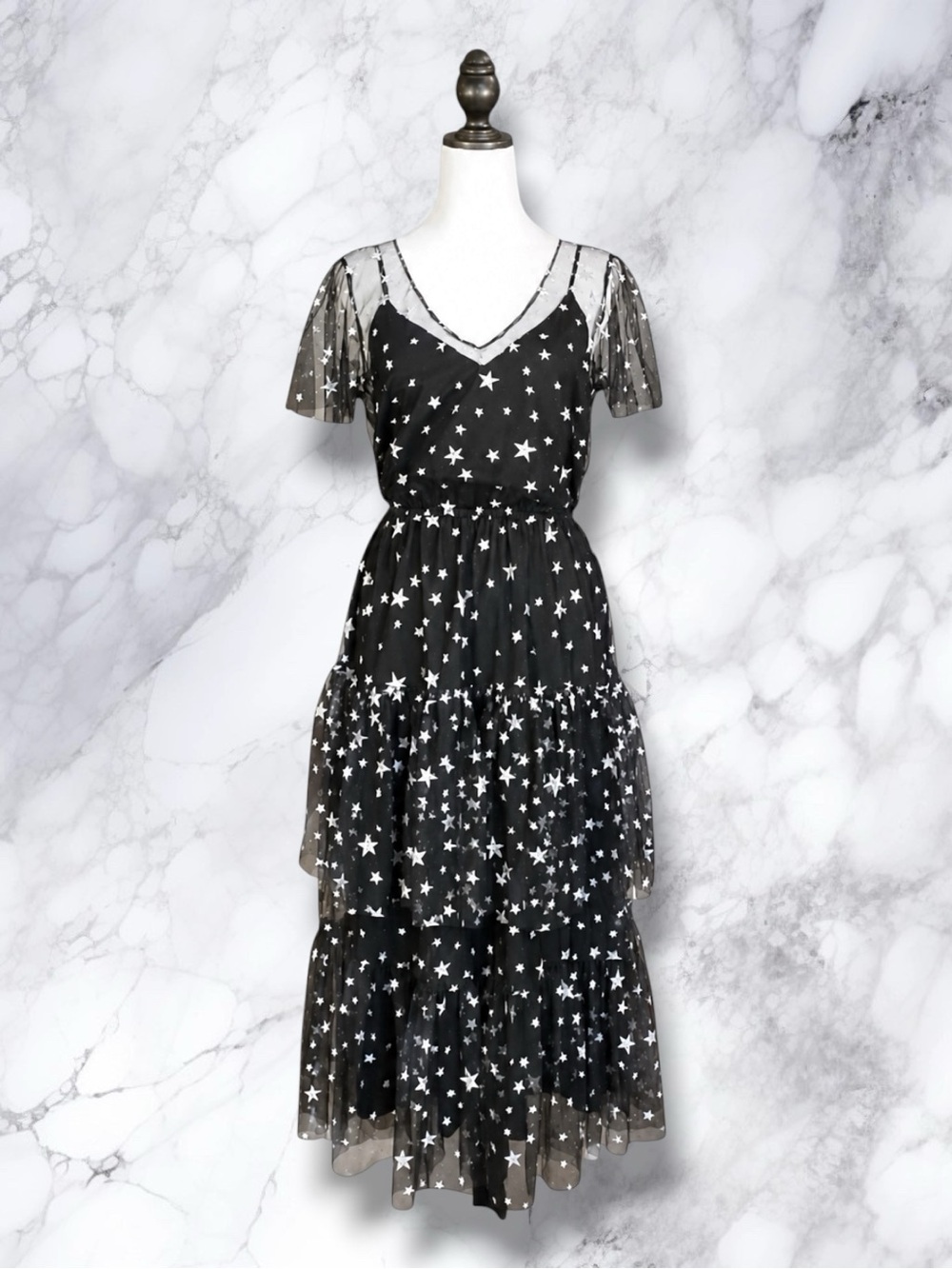 ModCloth Dress Black Silver Midi Celestial Star Tulle Whimsigoth Goth Retro M